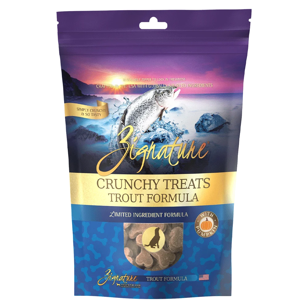 Front of Zignature Trout Formula Crunchy Treats pouch