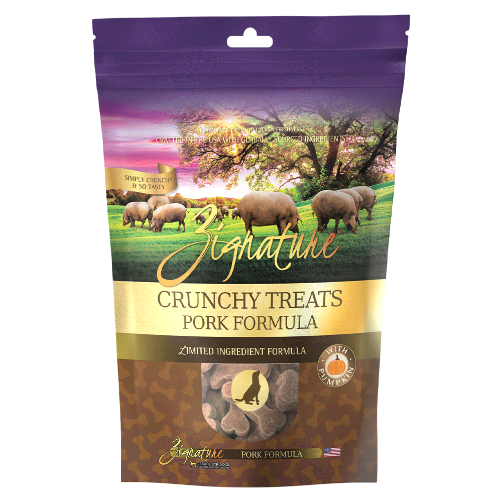 Front of Zignature Pork Formula Crunchy Treats pouch