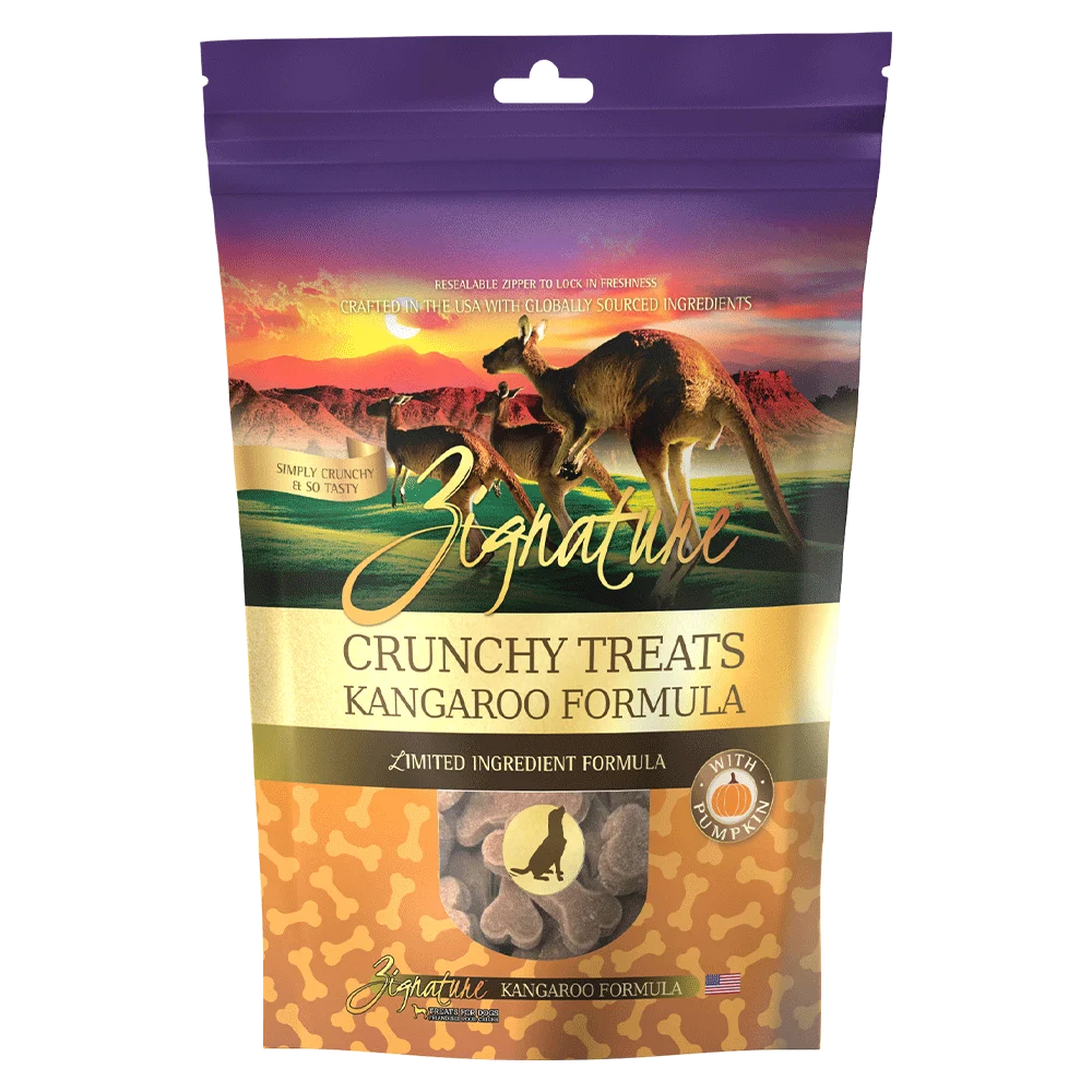 Front of Zignature Kangaroo Formula Crunchy Treats pouch with pumpkin