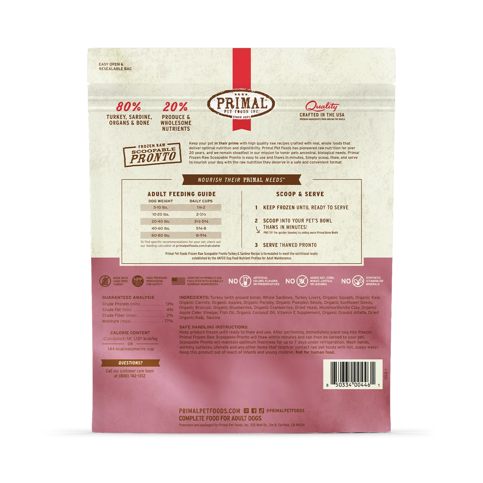 Primal Frozen Raw Scoopable Pronto – Turkey & Sardine
