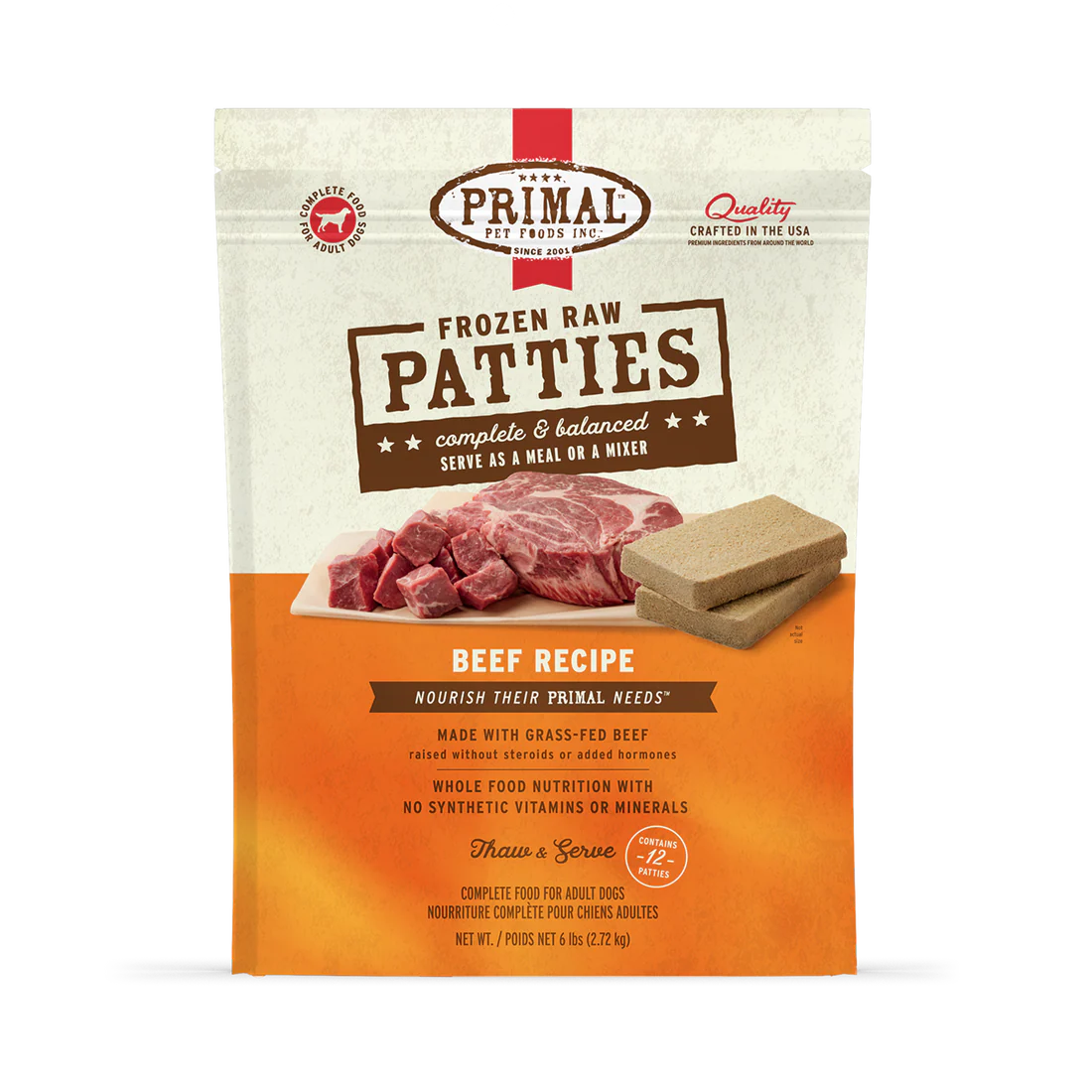 Primal Frozen Raw Patties for Dogs - Beef Formula 6 lb