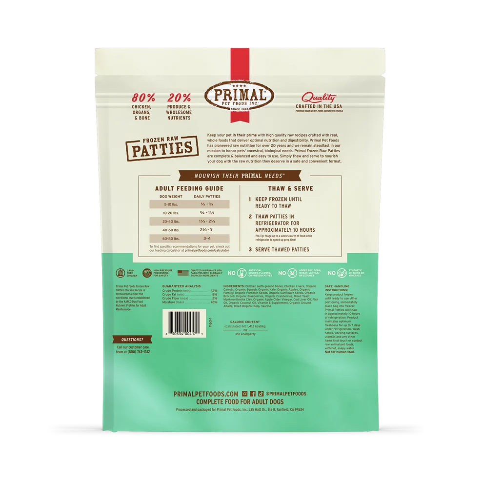 Primal Frozen Raw Patties for Dogs - Chicken Formula 6 lb