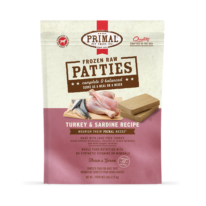 Primal Frozen Raw Patties for Dogs - Turkey & Sardine Formula 6 lb