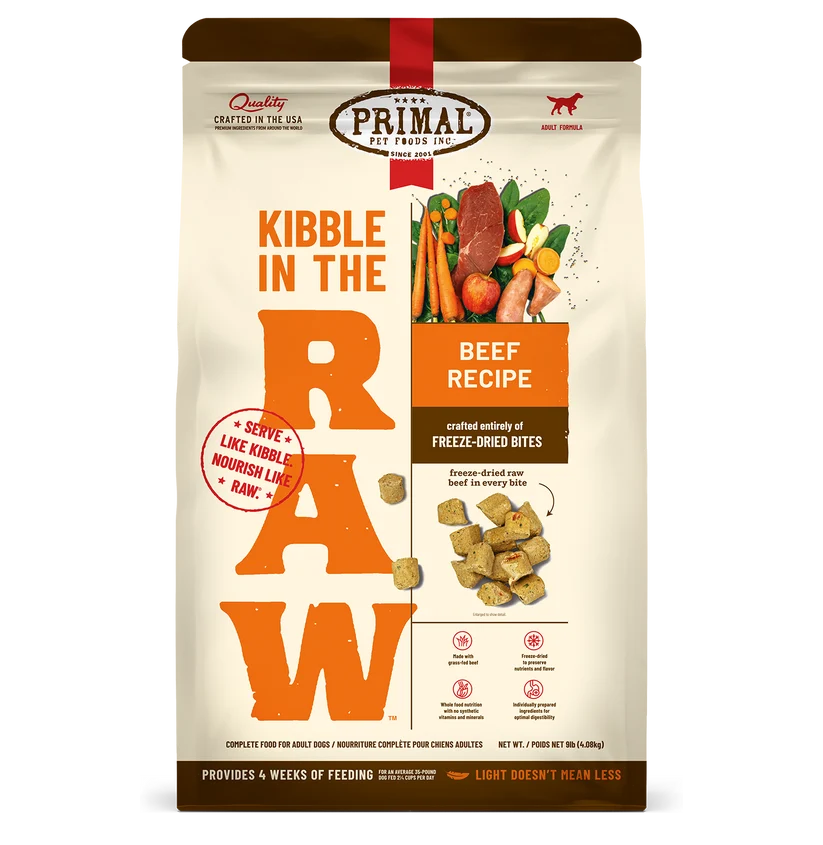 Primal Kibble in the Raw Beef Recipe 9lb freeze-dried dog food bag
