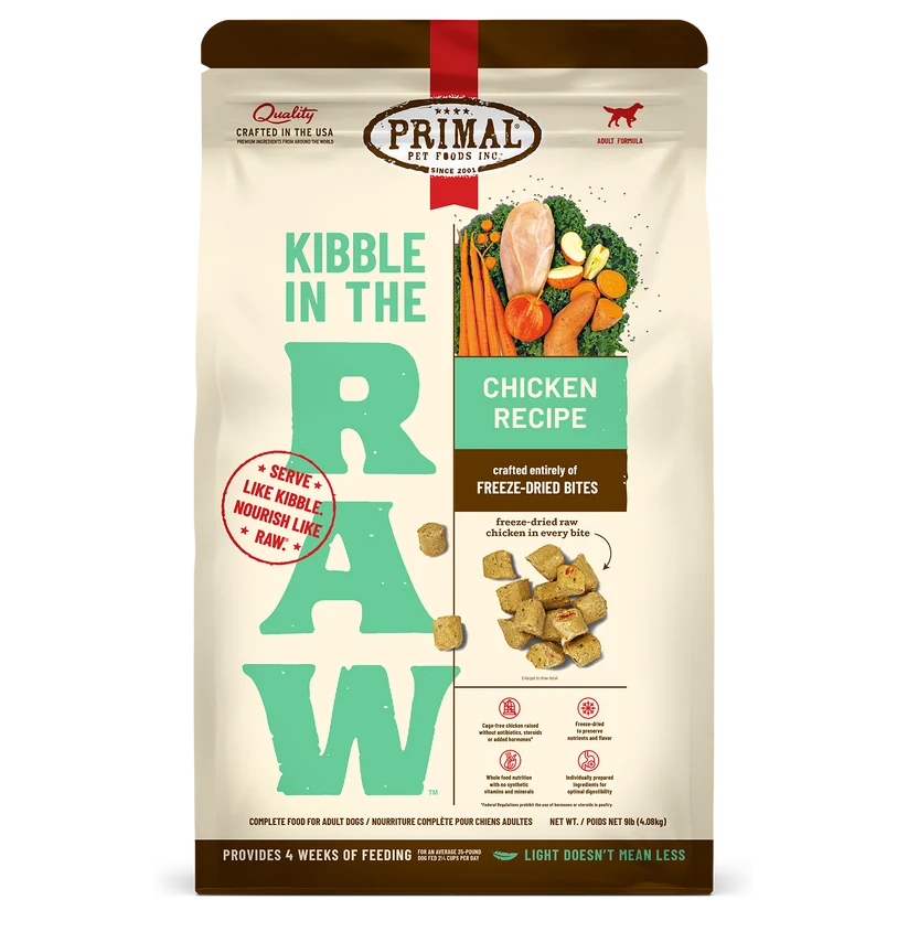 Primal Kibble in the Raw Chicken Recipe 9lb freeze-dried dog food bag