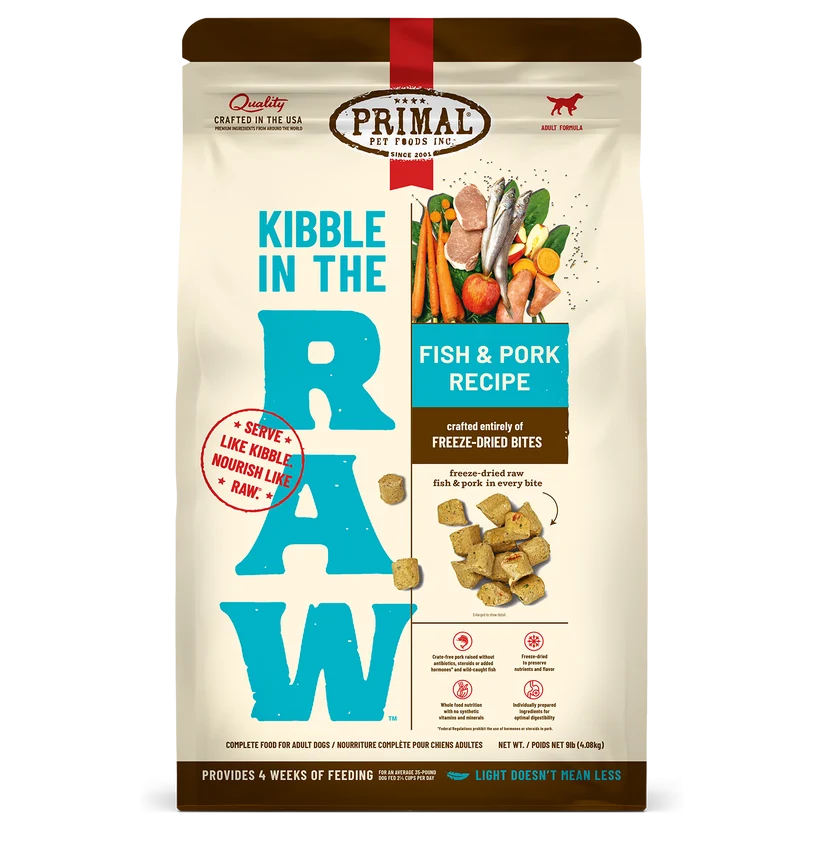 Primal Kibble in the Raw Fish & Pork Recipe 9lb freeze-dried dog food bag