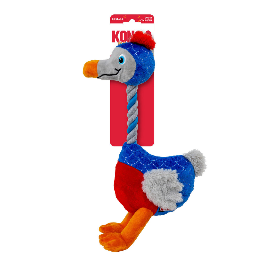KONG Boosts Ostrich squeaky dog toy with blue quilted body, rope neck, red mohawk, and orange feet