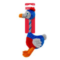 KONG Boosts Ostrich squeaky dog toy with blue quilted body, rope neck, red mohawk, and orange feet