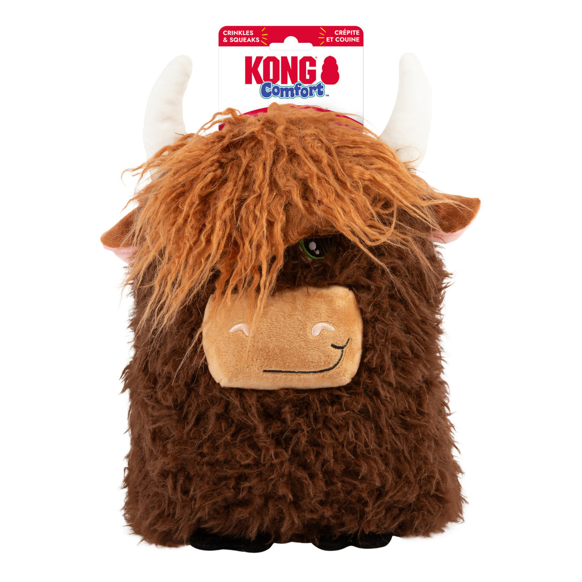KONG Comfort Highland Cow plush dog toy in packaging