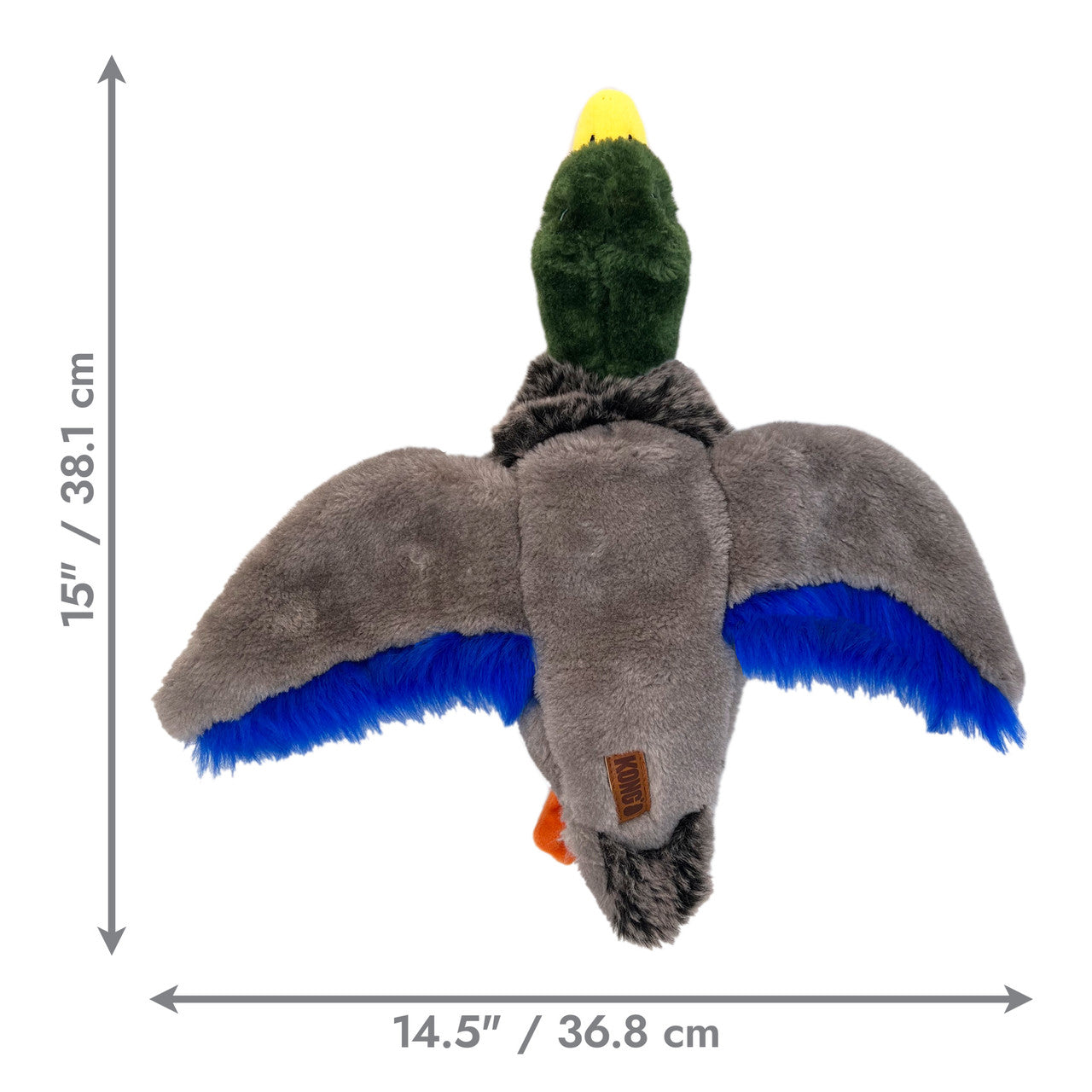 KONG Low Stuff Squeaker Mallard size dimensions 15 inches by 14.5 inches
