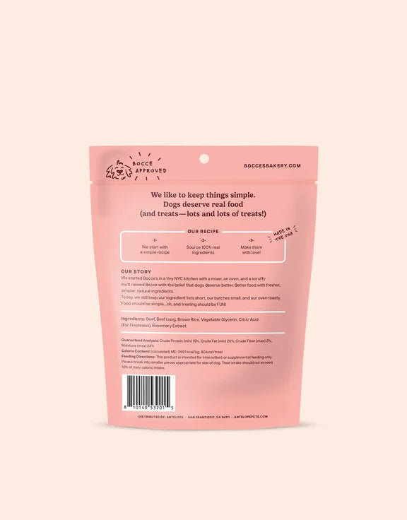Bocce's Bakery Beefin' Up Protein Jerky back of bag with ingredients and feeding directions