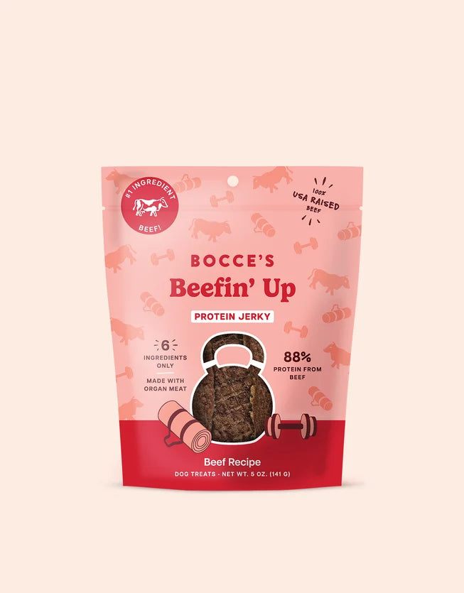 Bocce's Bakery Beefin' Up Protein Jerky beef recipe dog treats 5oz bag front