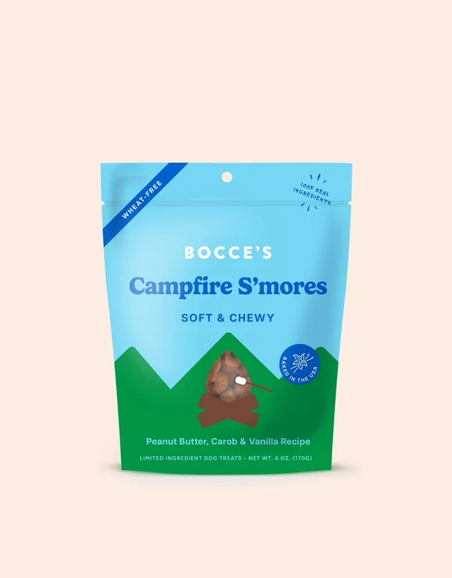 Bocce's Campfire S'mores dog treats, 6 oz wheat-free bag with peanut butter, carob, and vanilla recipe
