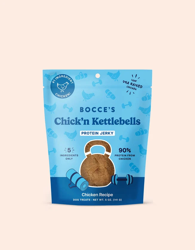 Bocce's Bakery Chick'n Kettlebells Protein Jerky chicken recipe dog treats 5oz bag