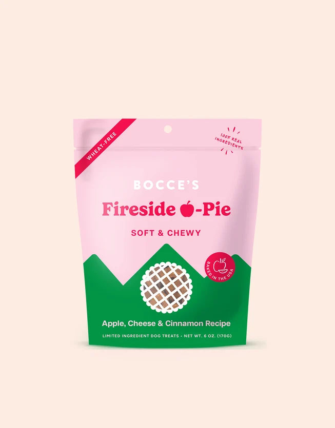 Bocce's Fireside Apple-Pie dog treats, 6 oz wheat-free bag with apple, cheese, and cinnamon recipe