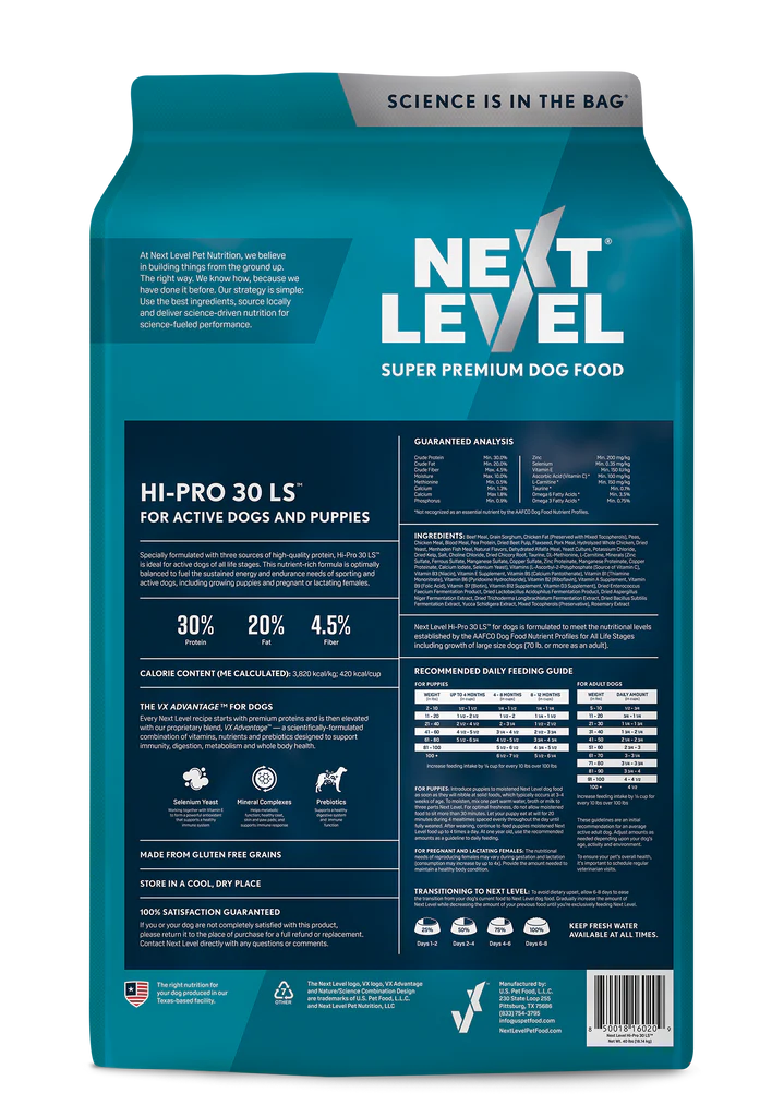 Next Level Hi-Pro 30 LS back of bag with guaranteed analysis and ingredients