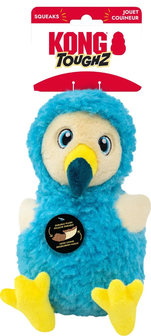 KONG Toughz Dodo blue plush squeaky dog toy with yellow beak and feet in retail packaging