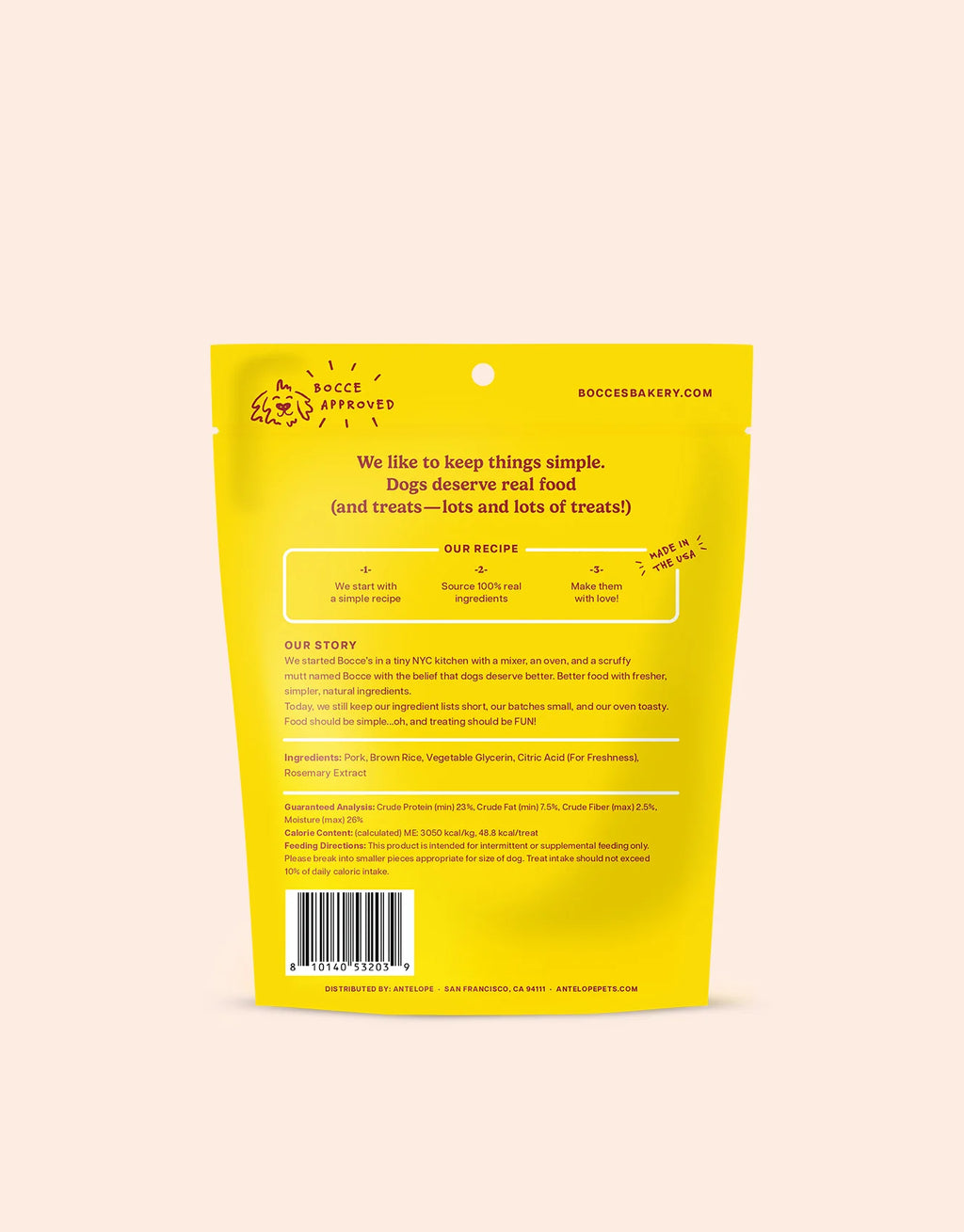 Bocce's Bakery Pork Press Protein Jerky back of bag with ingredients and feeding directions