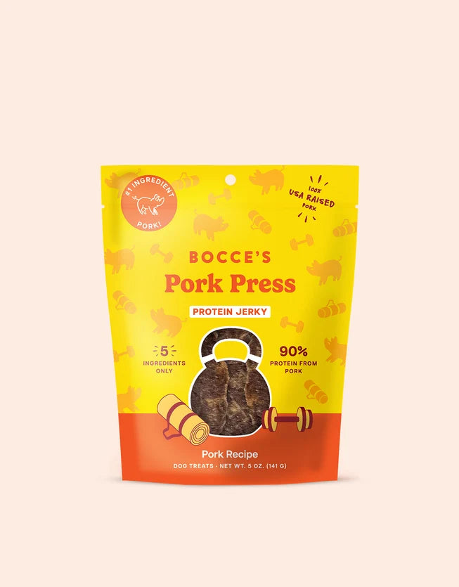 Bocce's Bakery Pork Press Protein Jerky pork recipe dog treats 5oz bag front