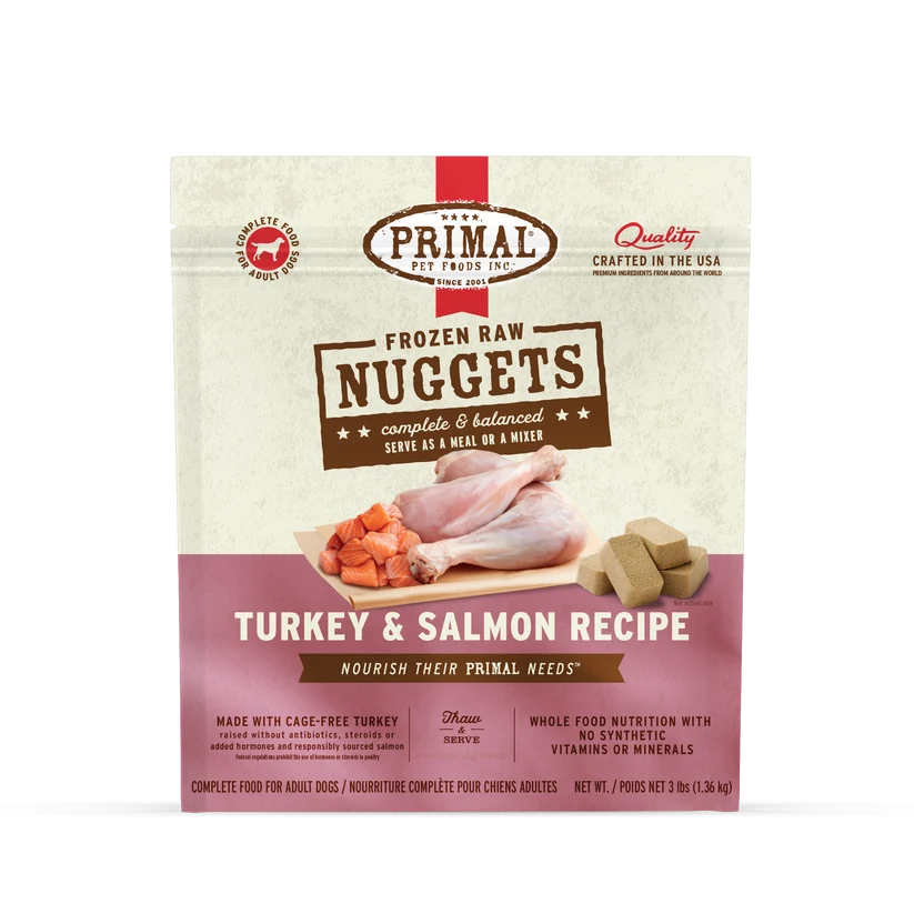 Primal Frozen Raw Nuggets Turkey & Salmon Recipe 3lb front of bag