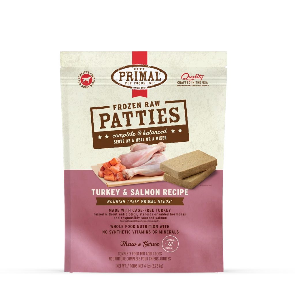 Primal Frozen Raw Patties Turkey & Salmon Recipe 6lb front of bag