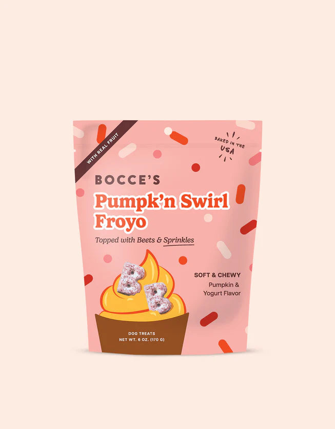 Bocce's Pumpk'n Swirl Froyo dog treats, 6 oz bag with pumpkin and yogurt flavor