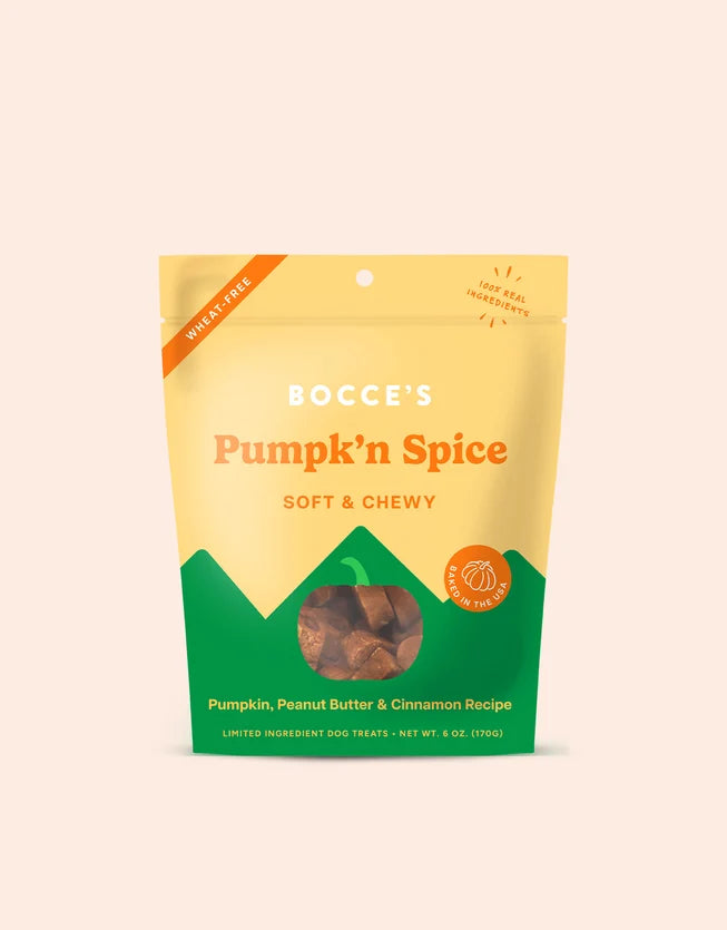 Bocce's Pumpk'n Spice dog treats, 6 oz wheat-free bag with pumpkin, peanut butter, and cinnamon recipe