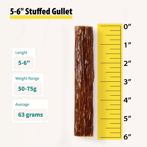 Zenta Pets stuffed gullet 5-6 inch natural dog chew with size ruler showing 50-75g weight range