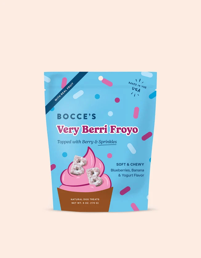 Bocce's Very Berri Froyo dog treats, 6 oz bag with blueberry, banana, and yogurt flavor