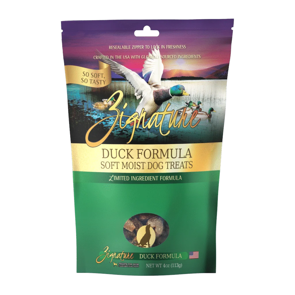 Front of Zignature Duck Formula Soft Moist Dog Treats 4 oz pouch