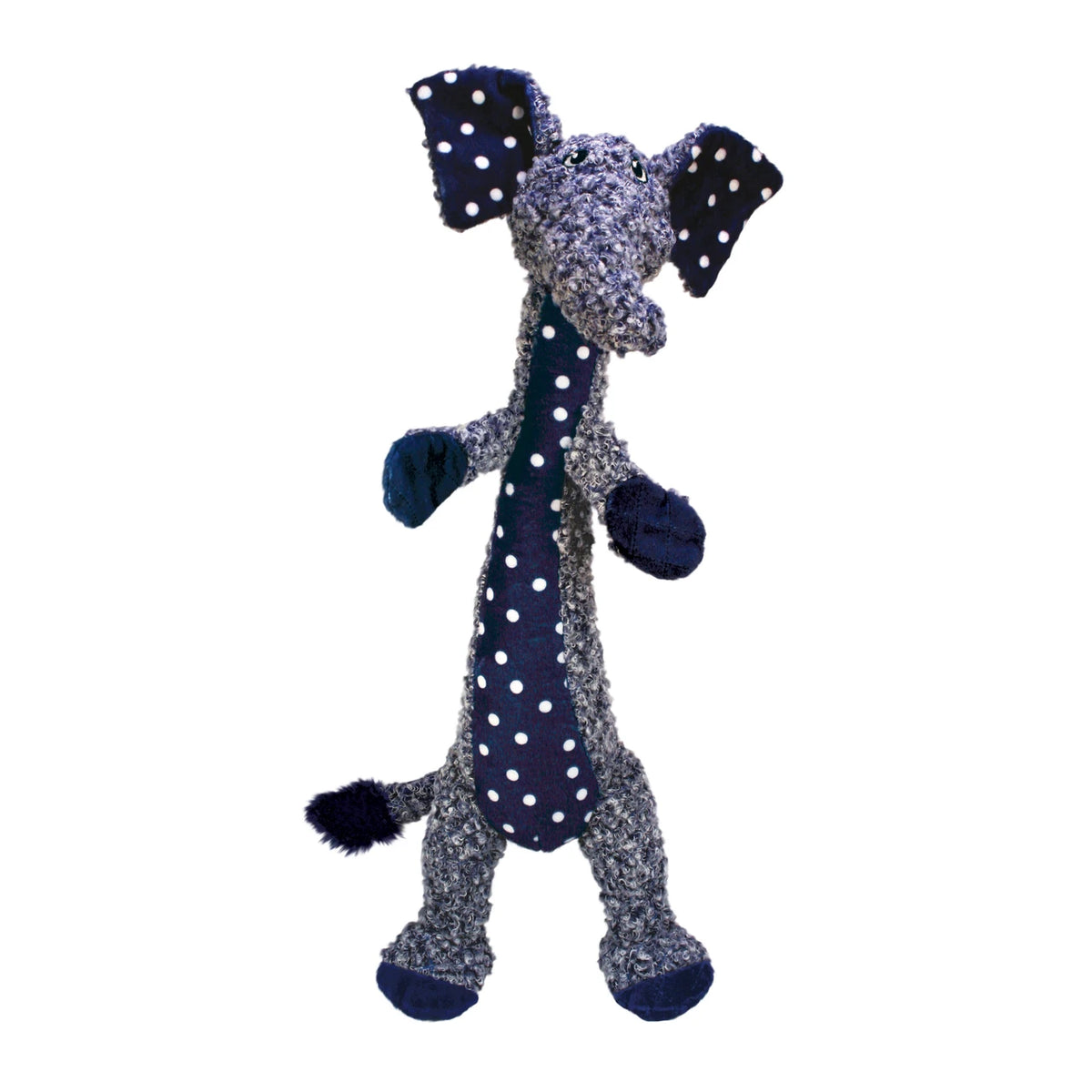 Gray plush dog toy with navy polka dot ears, paws, and body detail