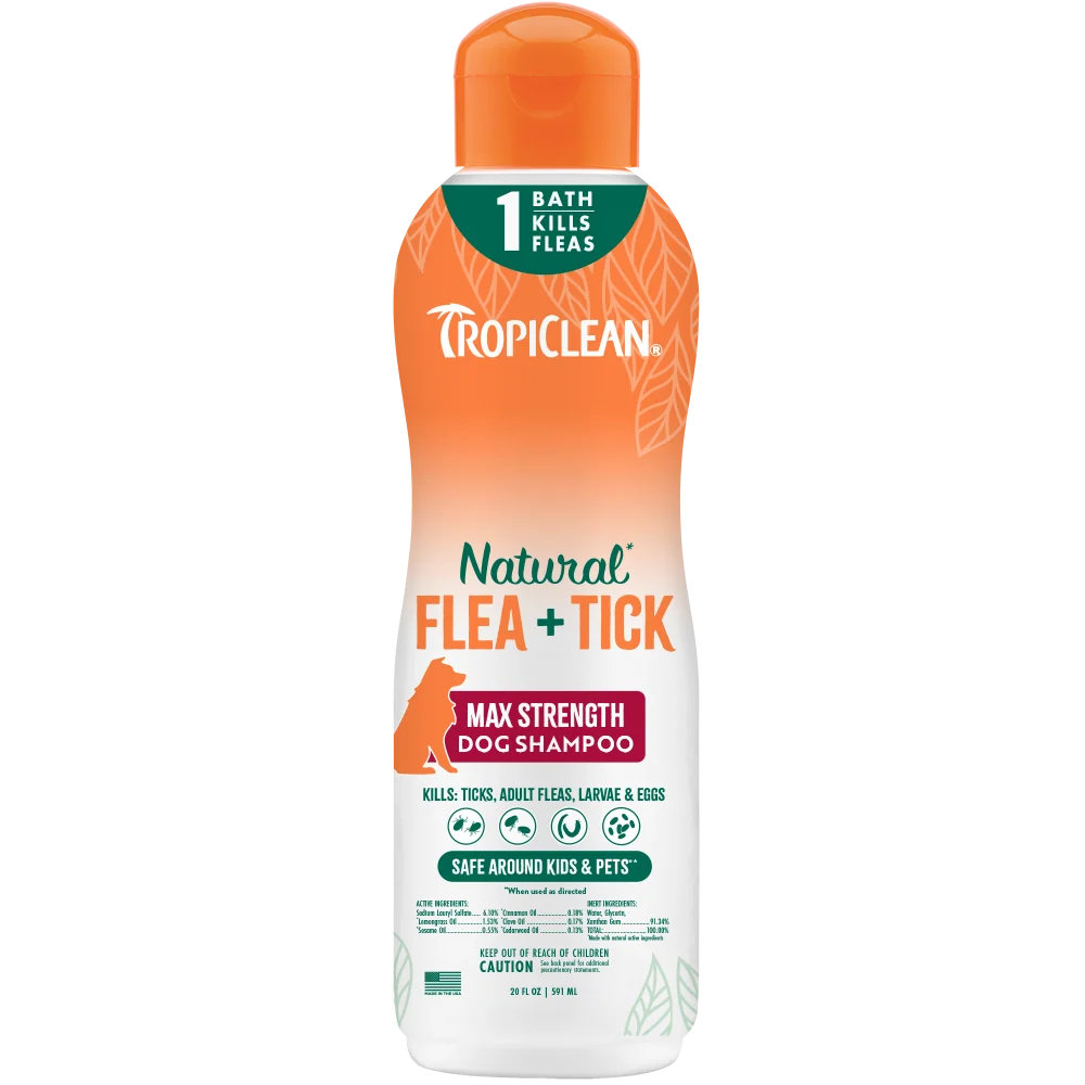 TropiClean Natural Flea & Tick Max Strength Dog Shampoo 20 oz bottle
