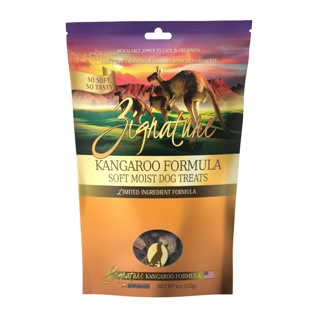 Front of Zignature Kangaroo Formula Soft Moist Dog Treats 4 oz pouch