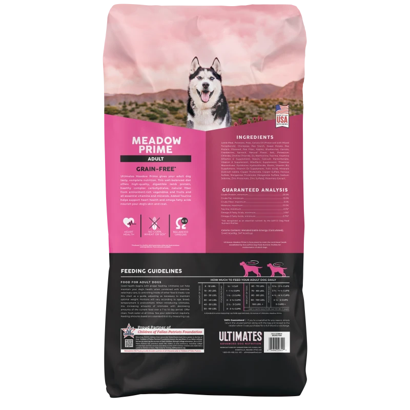 Ultimates Meadow Prime back of bag with feeding guidelines and ingredients