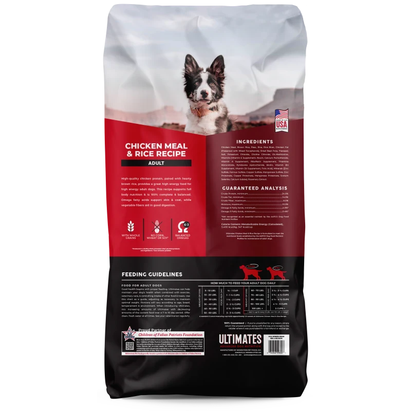 Ultimates Chicken Meal & Rice back of bag with feeding guidelines and ingredients