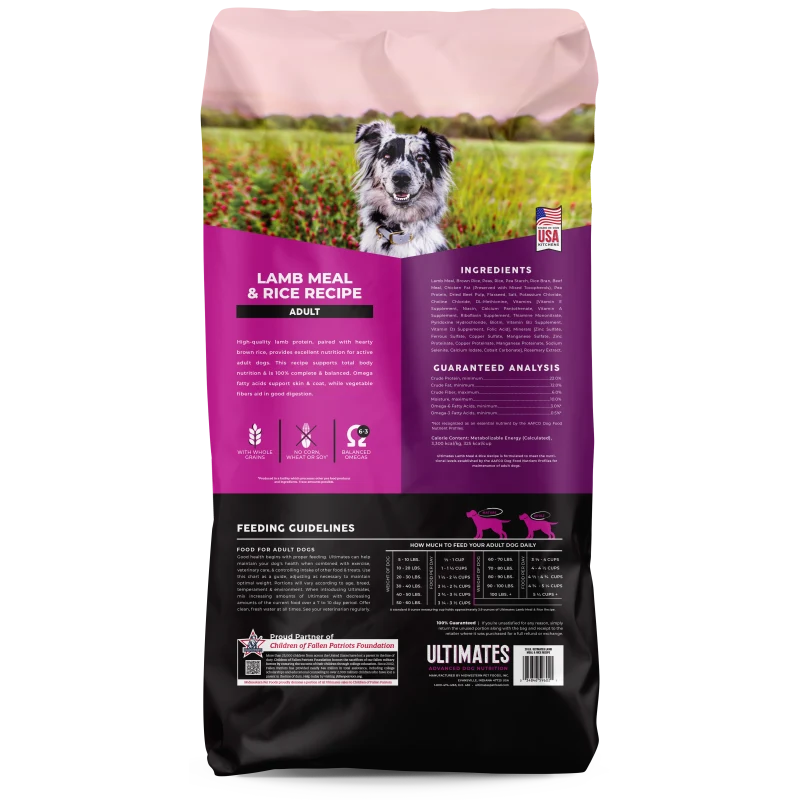 Ultimates Lamb Meal & Rice back of bag with feeding guidelines and ingredients