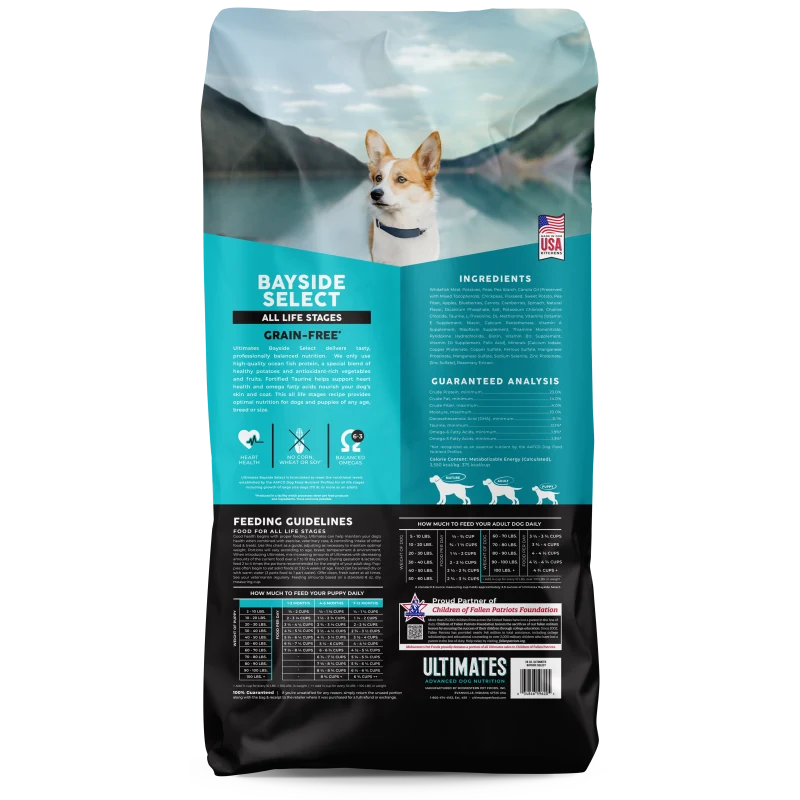 Ultimates Bayside Select back of bag with feeding guidelines and ingredients