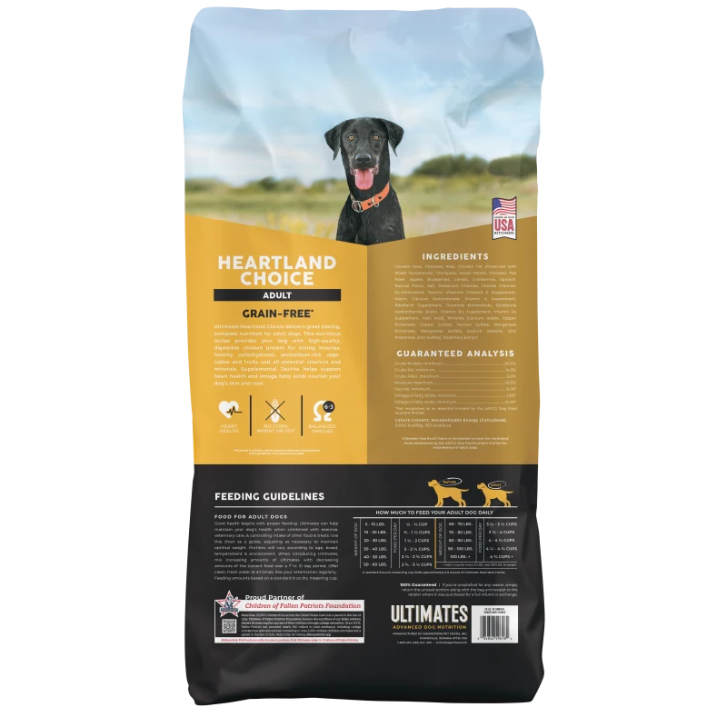 Ultimates Heartland Choice back of bag with feeding guidelines and ingredients