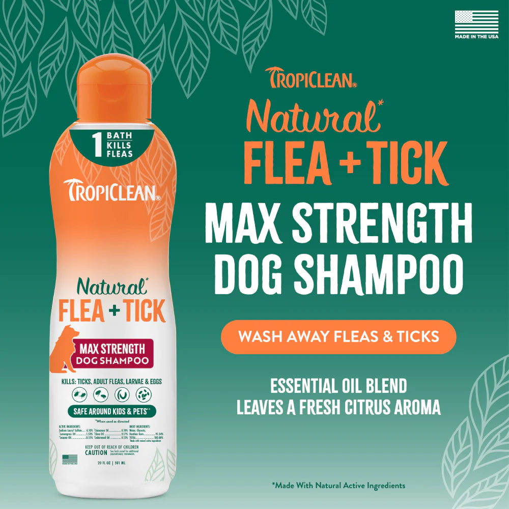 TropiClean Natural Flea & Tick Max Strength Dog Shampoo 20 oz