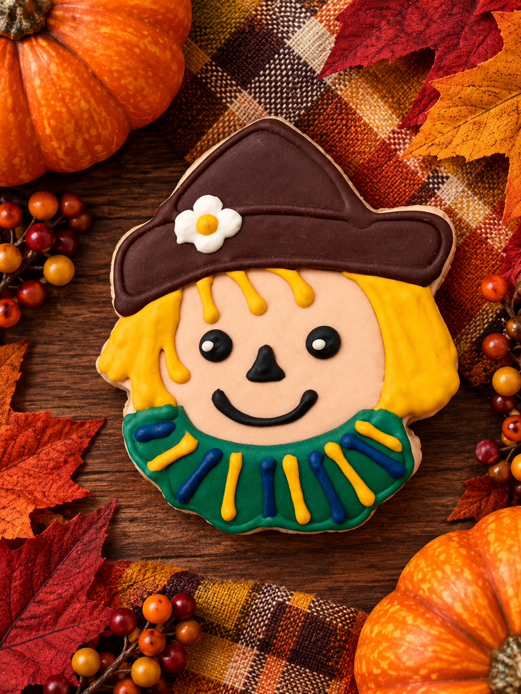 Festive witch-shaped fall cookie with a brown hat and green scarf