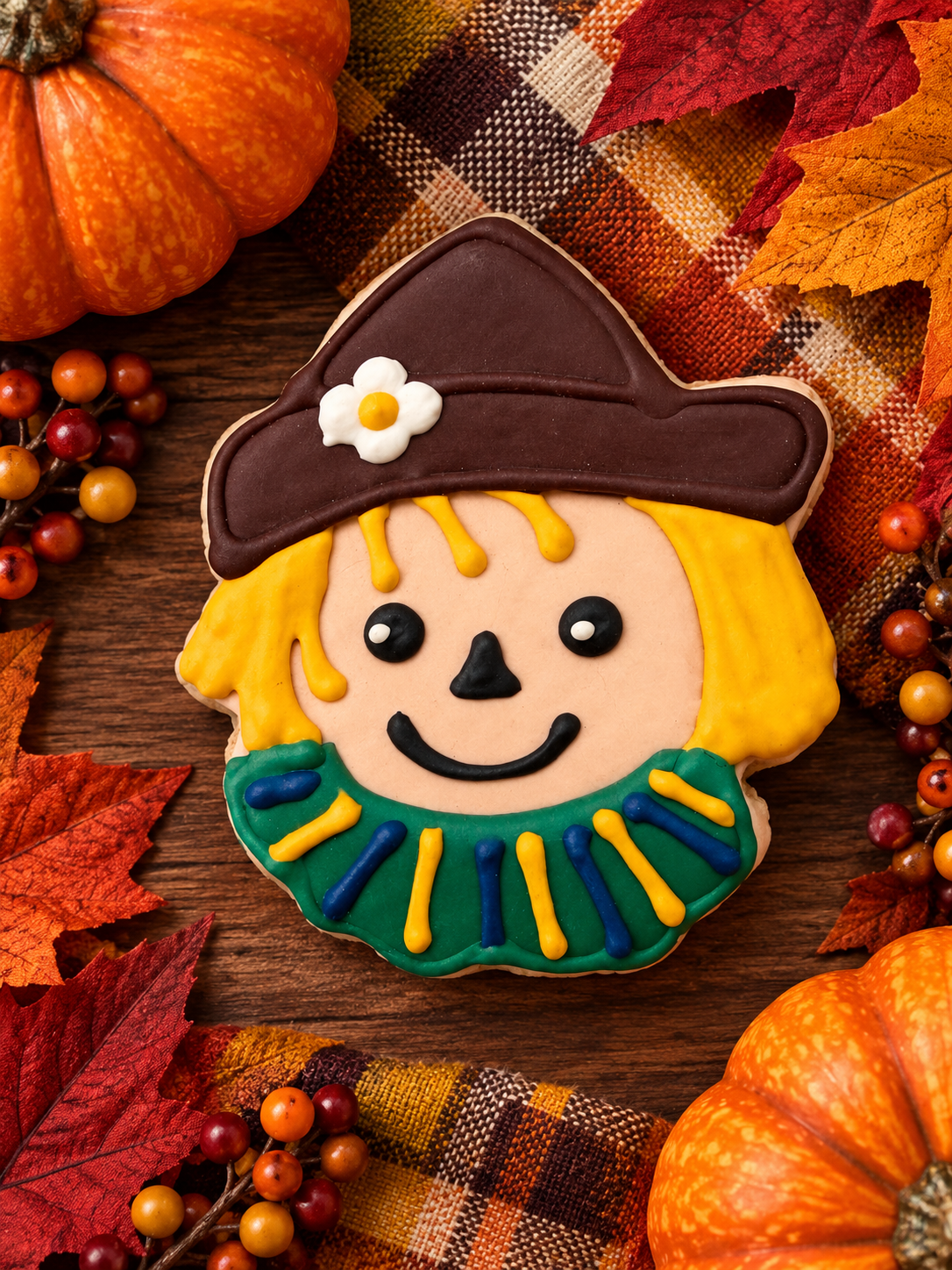 Festive witch-shaped fall cookie with a brown hat and green scarf