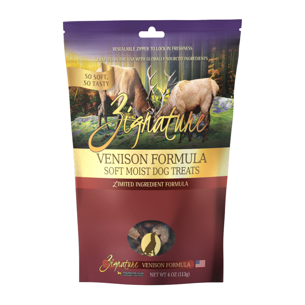 Front of Zignature Venison Formula Soft Moist Dog Treats 4 oz pouch